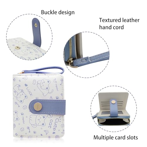 Women Wallets, PU Material Small Womens Wallets Small Cute Wallet for Woman, Lovely Cat Patterns Credit Card Holder Wallets with Zipper for Cash, Keys, ID Cards, Coin (Blue)3