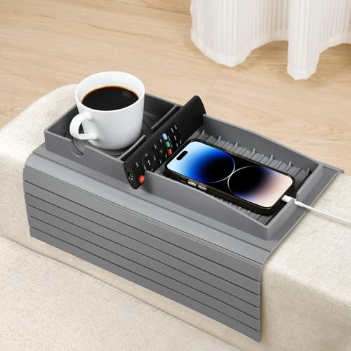 MGUOXA Couch Cup Holder,Silicone Sofa Drink Holder and Snack Organizer, Anti-Slip Dirt-Resistant Couch Arm Tray for Remote,Snacks,Cellphone,Prensent for Family, Friend?Gray?