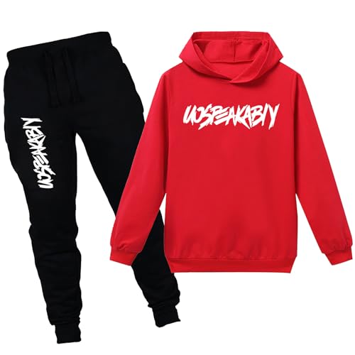 amropi Chándal Niños 2 Piezas Set Sudadera con Capucha y Pantalones Deportivo Jogging Adolescentes Conjunto Ropa (Rojo Negro,9 10 años)