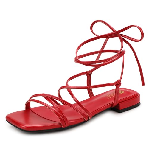 Image of IDIFU Strappy Lace Up Flat Sandals for Women Tie Up Square Open Toe Ankle Wrap Straps Dressy Gladiator Summer Beach Wedding Party Ladies Comfortable Cute Casual Dress Sandals