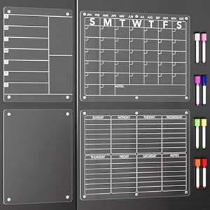4Pcs Acrylic Magnetic Dry Erase Board Calendar for Fridge, Clear Monthly Weekly Daily Meal Menu Planner Whiteboard for Refrigerator, Notepad Memo White Board, w/ 8 Colors Markers, 15″x11″