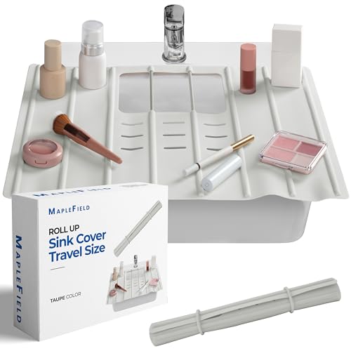 Maplefield Travel Size Bathroom Sink Cover for Counter Space - Foldable Silicone Sink Mat for Beauty Routine, Ideal for Small Bathroom, RVs, Camper Vans (Taupe Small, 19.5 x 15.5 x 1.6 Inches)