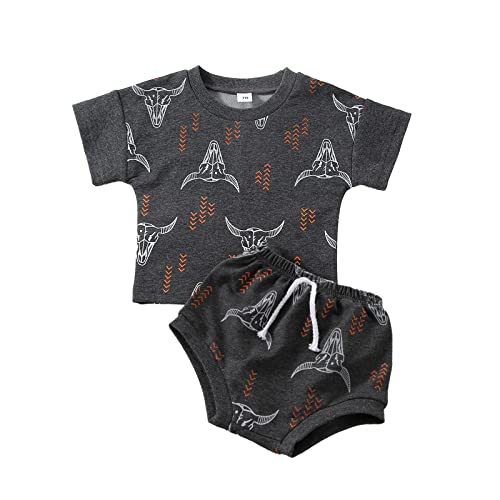 BOIBOKOKO Western Baby Boy Clothes Short Sleeve Cowboy T Shirt Top Cow Print Elastic Waist Shorts 2PCS Baby Summer Outfits (Grey, 0-6 Months)