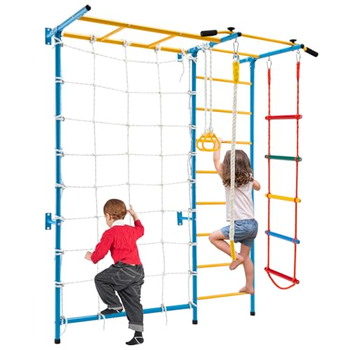 HONEY JOY Climbing Toys for Toddlers, Upgrade Metal Indoor Kids Gym for Solid Wall, Playground and Climbing Exercise Set with Rope Ladder, Pull-up Bar, Monkey Bars, Gymnastic Rings (7 in 1)
