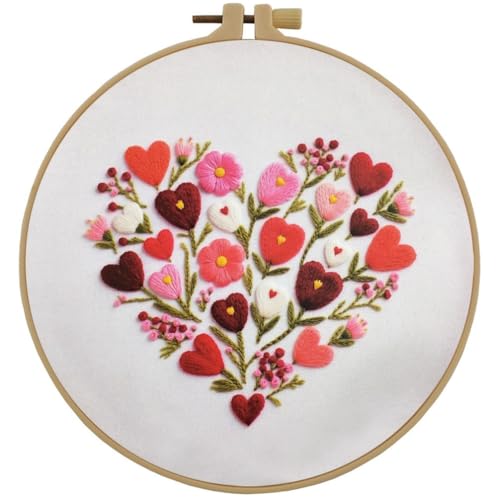 Image of Esffaci Embroidery Starter Kit for Adult Beginner with Love Heart Flowers Pattern Hand Embroidery Set with Cloth Hoop Needle Threader Floss and Instruction