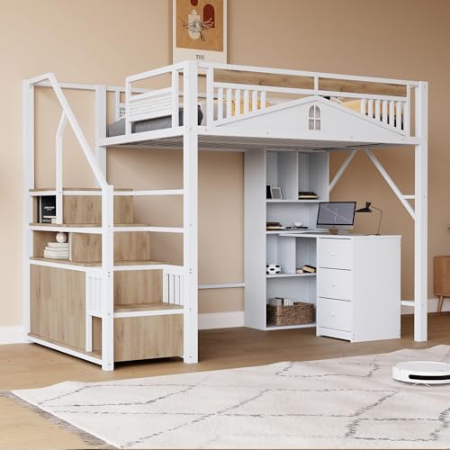 Merax Hochbett aus Metall, 140 x 200 cm, mit Geländer aus Metall, Fenster und dekorativen Kugeln, austauschbare Sicherheitsleiter, integrierte Fächer, Weiß (ohne Matratze, Kein Schreibtisch)