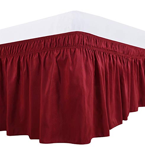 Versatile Bedding Bed Skirt - Wrap Around Bed Skirts Elastic Dust Ruffles, 100% Cotton 800 Thread Count, Easy Fit 18 Inch Tailored Drop, Red Queen Size Beds