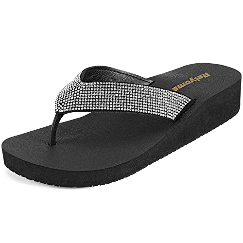 Image of Womens Rhinestones Flip Flops Arch Support Mid Platform Bling Comfortable Flip-flops Jewel Dressy Thong Sandals,T-Strap Black US 9