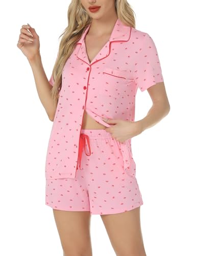 Image of Pjmlifecoco Women's Modal Pajama Set Short Sleeve Button Down Two Piece Soft Sleepwear with Shorts Loungewear S-XXL