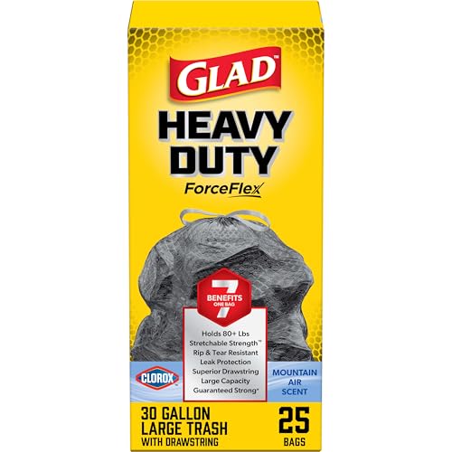 Glad Large 30 Gallon Trash Bags, Clorox Mountain Air Heavy Duty Garbage Bags, Forceflex with Drawstring, 25 Count (Packaging May Vary)