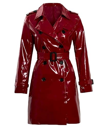 WECNOM Red Patent Leather Trench Coat for Women - Shining Red Real Leather Trench Coat Women Double Breasted - S