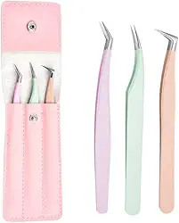 3 pinças de cílios para extensões, ponta de fibra de alta precisão, pinça de extensão de cílios para cílios curvados e kit de pinzas de volume para cílios, uso profissional, rosa, roxo, verde