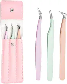 3 pinças de cílios para extensões, ponta de fibra de alta precisão, pinça de extensão de cílios para cílios curvados e kit de pinzas de volume para cílios, uso profissional, rosa, roxo, verde