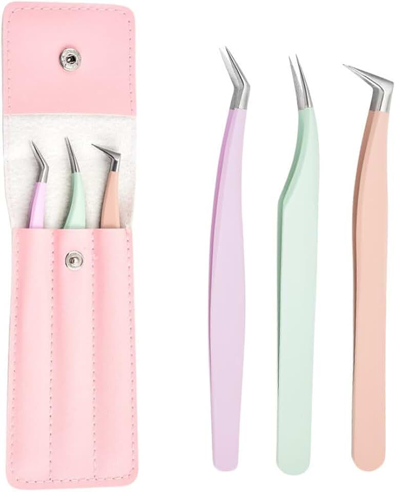 3 pinças de cílios para extensões, ponta de fibra de alta precisão, pinça de extensão de cílios para cílios curvados e kit de pinzas de volume para cílios, uso profissional, rosa, roxo, verde