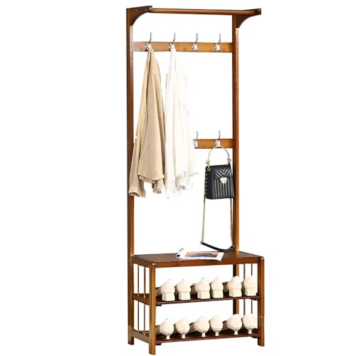 Portemanteau avec rangement à chaussures et crochets amovibles à double rangée, arbre d'entrée, cadre en bambou pour couloir et salon