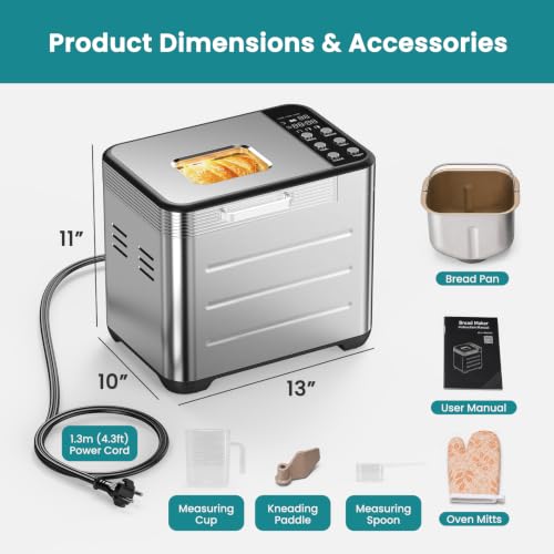 Image of OLIXIS Bread Maker, 21-IN-1 Bread Machine, 2LB Automatic Stainless Steel | Non-stick, 360 Powerful Circulation Baking, Smart Touch Panel, 3 Loaf Sizes & 3 Crust Colors, 650W, Easy Clean