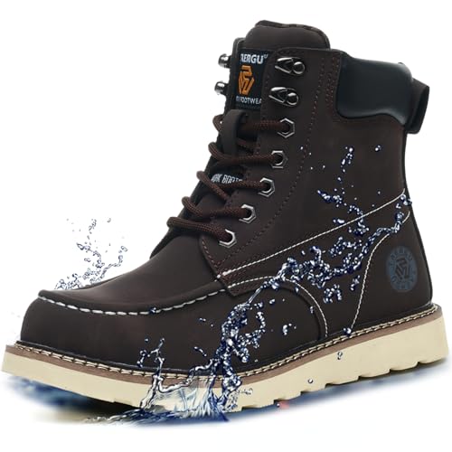 TAERGU Steel Toe Boots for Men-6 Inch Moc Toe Safety Work Boots Non-Slip Resistant Indestructible Construction Western Boot Mens Steel Toes Shoes,Brown,US 9