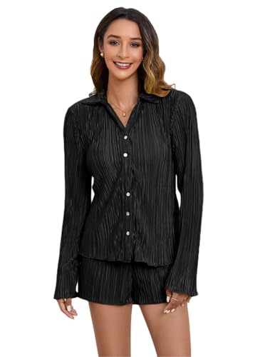 SHENHE Women's 2 Piece Sets Dressy Plisse Bell Sleeve Button Down Shirt and Short Set Going Out2