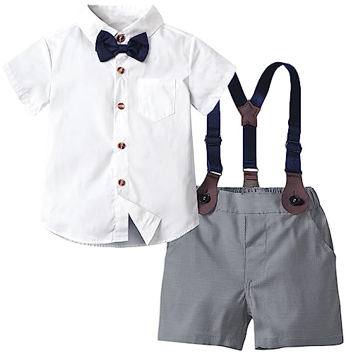 SANGTREE Baby Boys Clothes, Button Down Short Sleeve Dress Shirt with Bowtie + Suspender Shorts, 2# Gray White, Tag 70 = 9-12 Months