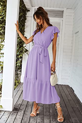 PRETTYGARDEN Women's Summer Floral Boho Maxi Dress Wrap Short Sleeve V Neck Ruffle A-Line Flowy Wedding Guest Long Dresses