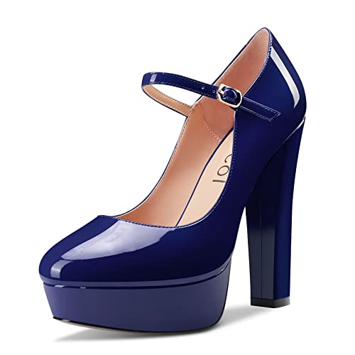Aachcol Women Platform Mary Jane Chunky Block High Heel Pumps Close Round Toe Ankle Strap Two-Piece Dress Shoes Pumps Party Wedding Patent 5 Inch