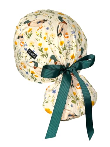 Image of Scrub Cap for Women and Men, Ponytail Scrub Caps, Working Hat, Head Cover with Ribbon Ties and Buttons, Long Hair