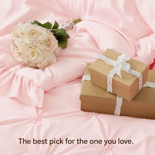 Image of BEDELITE Twin Comforter Set Ruffle-Baby Pink,Lightweight & Soft Comforter | Pintuck Boho Bedding, Warm & Cute Bed Set for All Season,With 1 Pillowcase