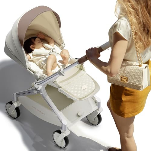 Hot Mom leichter Kinderwagen, breite Sitze, verstellbare Rückenlehne, große stoßdämpfende Räder, Magnesiumrahmen, Fahrtrichtung in Sekunden wechselbar, Modell F39 (White Brown)