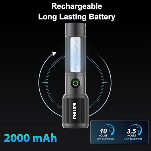 Image of Philips Torch Rechargeable, 7W Magnetic Torch & Side Bright Light, 330 Lumens Emergency Flashlight, 325M Coverage, 2000mAh Battery, Telescopic Zoom, Lightweight Flash Light for Home, Camping, Hiking