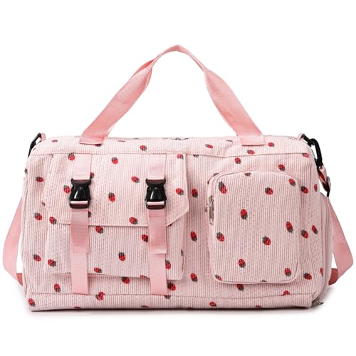 Waniki Sporttasche Kinder Mädchen Erdbeere Cord Reisetasche Damen Weekender Schwimmtasche mit Schuhfach und Nassfach Teenager Travel Bag Balletttasche für Reisen Fitness Sport Gymnastik Schule