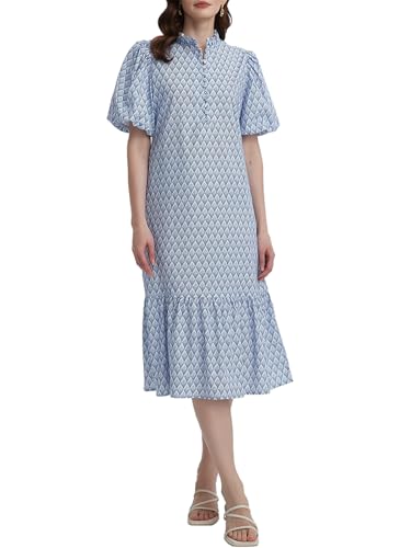 Image of Summer Floral Midi Dress for Women Spring Puff Short Sleeve Button Down Flowy Boho Dresses