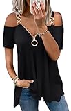 Tankaneo Damen Mode Blusen Schulterfrei V-Ausschnitt Kurzarm Zip Up Oberteile Sommer Tunika T-Shirts Tops