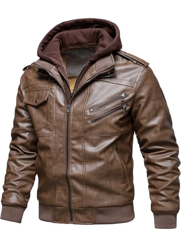 Image of HOOD CREW Men's Casual Stand Collar PU Faux Leather Zip-Up Motorcycle Bomber Jacket With a Removable Hood