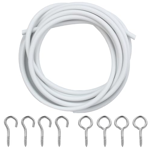 2 Metros Alambre de Cortina Curtain Wire con 4 Argollas y 4 Ganchos,Alambre Cable Cortina Kit Cuerdas de Cable para Barras de Cortina de Red para Cortina, Gusanillo para Cortinas- Blanco