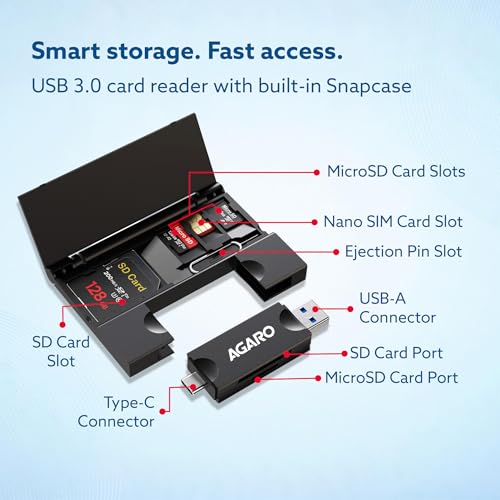 Image of AGARO Snapcase USB 3.0 Card Reader with Storage Case for Nano SIM, SD, Micro SD & TF Card, SIM Ejector pin, High-Speed Data Transfer up to 5Gbps, Compact & Durable Design for Laptop, PC & OTG Devices