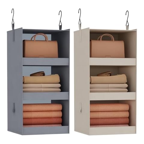 FLYBOX Hanging Closet Organizer, Collapsible Closet Hanging Organizer, 3 Shelf Sturdy Hanging Shelves for Closet & Ideal for RV,Camper Bed Side Closets Gray, & Khaki 2-Pack Cover