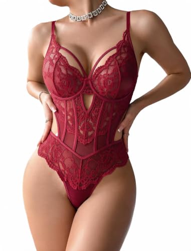 Image of Avidlove Sexy Lingerie for Women Lace Bodysuit Cut Out Snap Crotch Teddy