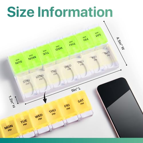 Image of Sukuos AM PM Weekly Pill Organizer 7 Day, 2 Times A Day Medicine Pill Box with Easy Push Button, BPA Free Vitamin Cases for Fish Oil /Supplements, Easy to Clean (Yellow&Green)