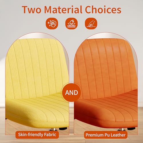 Image of Criss Cross Chair with Wheels, Cross Legged Office Chair, Armless Office Chairs Adjustable Height Swivel Tilting Fabric Vanity Chairs for Home Bedroom (Yellow)