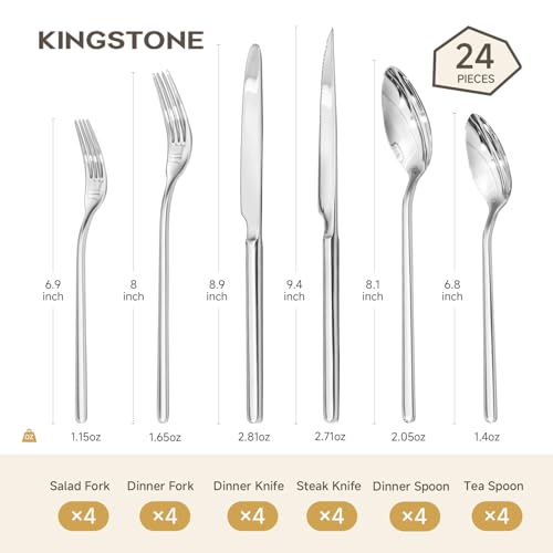 Image of KINGSTONE 24-Piece Silverware Set with Steak Knives, Flatware Set for 4, 18 /10 Stainless Steel Tableware Cutlery Set for Home Restaurant, Mirror Finish,Modern Design