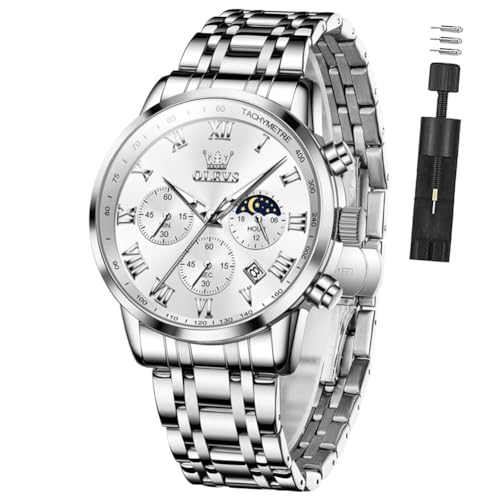 OLEVS Mens Watch Luxury Big Face Stainless Steel Analog Quartz Multifunctional Waterproof Luminous Date Two Tone Fashion Dress Wrist Watches for Man
