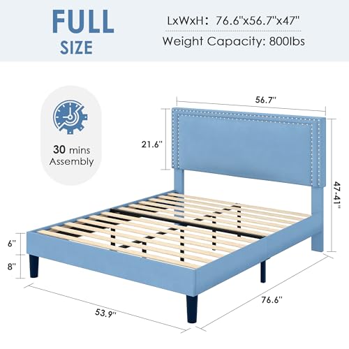 Image of VECELO Full Size Platform Bed Frame with Height Adjustable Upholstered Headboard, Modern Mattress Foundation,Strong Wood Slat Support, No Box Spring Needed, Easy Assembly,Light Blue