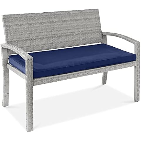 Best Choice Products Outdoor Bench 2-Person Wicker Garden Patio Benches Seating Furniture for Backyard, Porch w/Seat Cushion, 700lb Capacity - Gray/Navy Cover