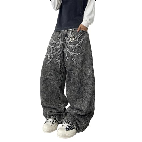 DFGIGT Mens Hip Hop Baggy Jeans Y2k Stylish Embroidery Wide Leg