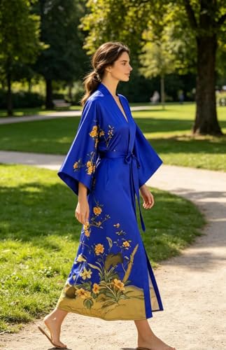 Image of Women's Classic 100% Silk Kimono Robe, Bathrobe-Printed Pattern