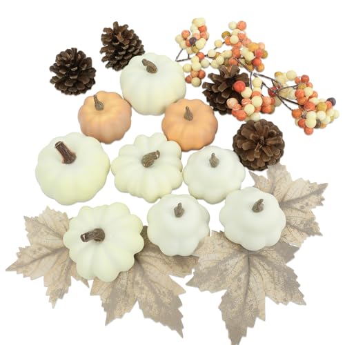 17 Pcs White Pumpkins Kit Fake Pumpkins with Maple Leaves Pine Cones Berries AcornsThanksgiving Decorations Indoor for Fall Home Farmhouse Harvest Thanksgiving Table Decor