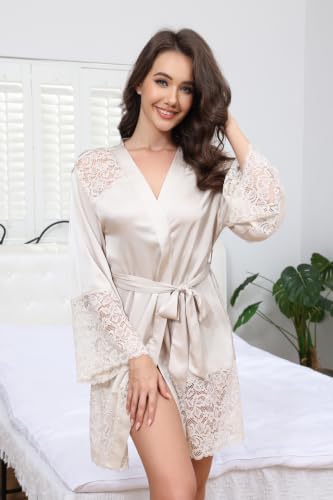 Anetyflying Women Slik Robes Lace Trim Stain Kimono Bathrobe for Bridesmaid - image 6