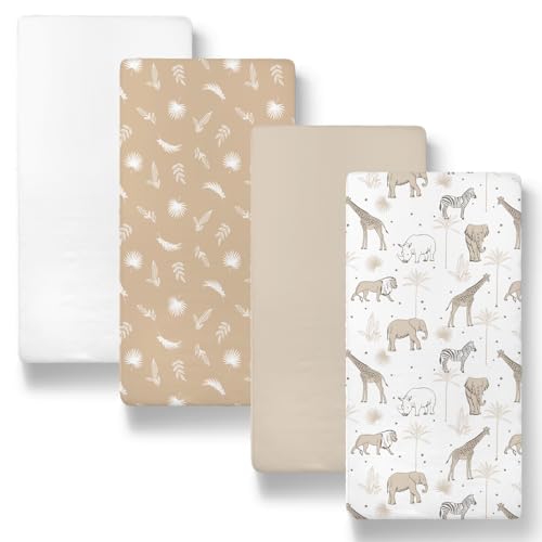 Image of The Peanutshell Baby Organic Bassinet Sheets 4-Pack Boy or Girl - Ultra Soft & Rectangle Baby Sheet, 100% Jersey Cotton, Fitted Covers for Crib, Halo Bassinet Mattress - Caramel Safari