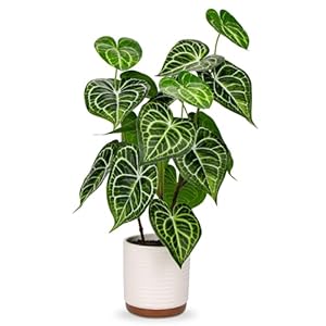 Briful 55CM Kunstpflanze Anthurium Crystallinum Künstliche Pflanzen Wie Echt Dekopflanzen Zimmerpflanze im Keramiktopf für Home Resto Bad Dekoration