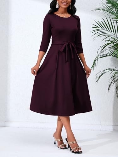 Image of PerZeal Women's Caual Midi Dress 3 /4 Sleeve Crewneck A-line Swing Dress for Women with Belt for Wedding Guest & Cocktail Party Burgundy XXX-Large